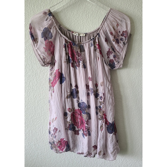 Marina Gigli Blouse‎ Women SZ Small 100% Silk Floral Crinkle Cottagecore Peasant - Picture 1 of 11